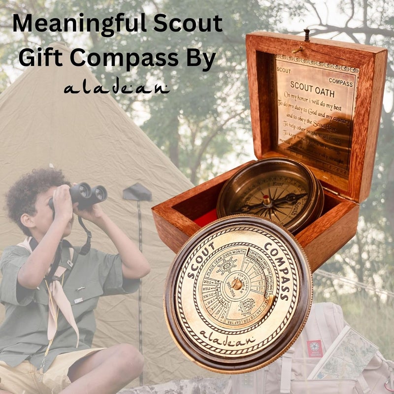 ALADEAN Scout Compass Gift Boys - Engraved Scout Oath Compass in wood Box Scout Always Prepared Camping Orienteering Compass, Hiking Backpacking Compass gift, 50 year calander - Image 3